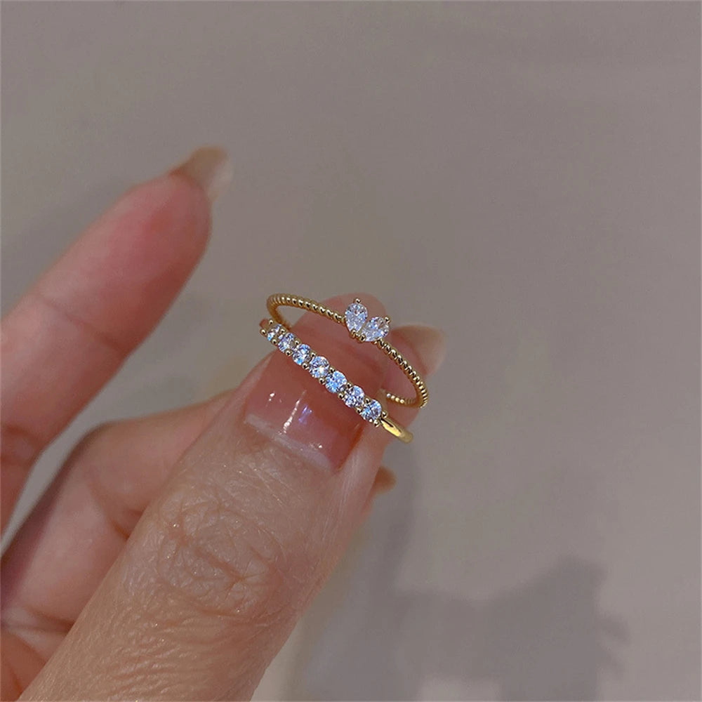 Elegant Crystal Heart Ring Set - Stackable Gold Jewelry