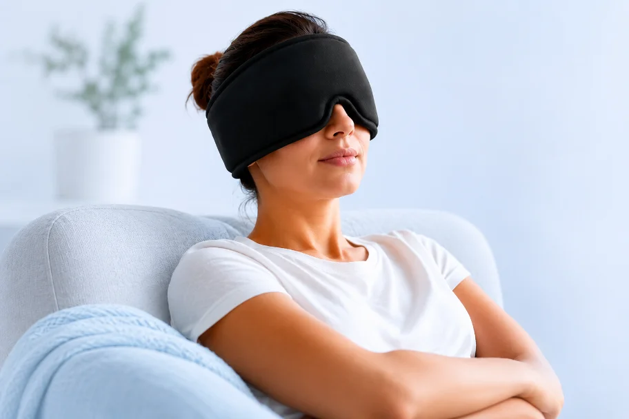 Mulher usando a touca sobre os olhos, descansando