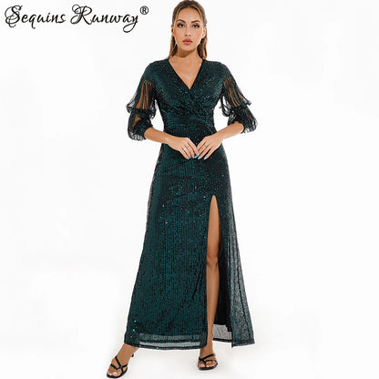 Elegant Green Sequin Maxi Dress - Women's Evening Wear