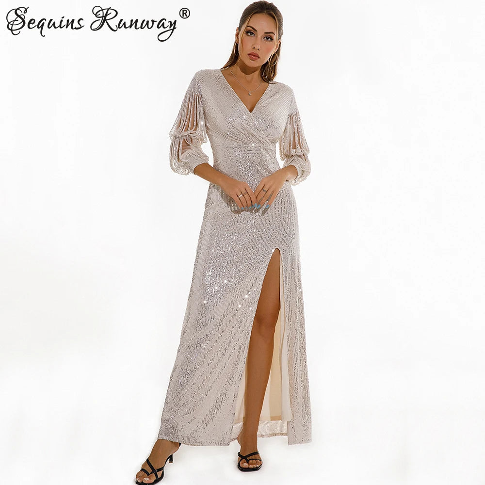 Elegant Green Sequin Maxi Dress - Women's Evening Wear