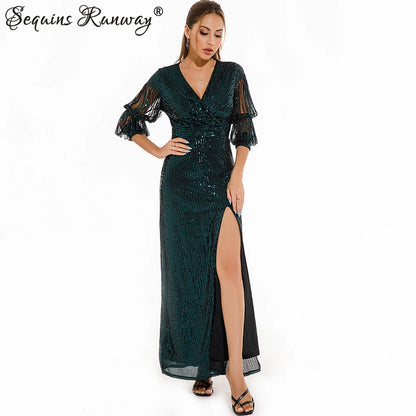 Sexy vintage verde lantejoulas noite vestidos longos das mulheres elegante bodycon baile de formatura vestido de festa de aniversário mulher maxi vestido de verão