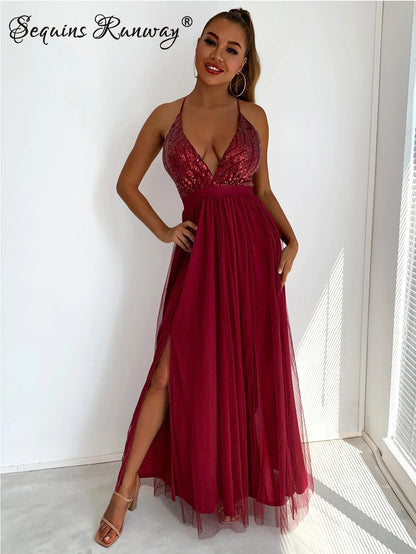 Stunning Backless Sequin Corset Maxi Dress