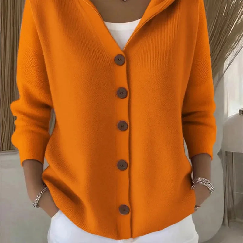 Cor sólida botão de malha com capuz camisola cardigan jaqueta para outono inverno nova moda casual roupas femininas puxa femmes