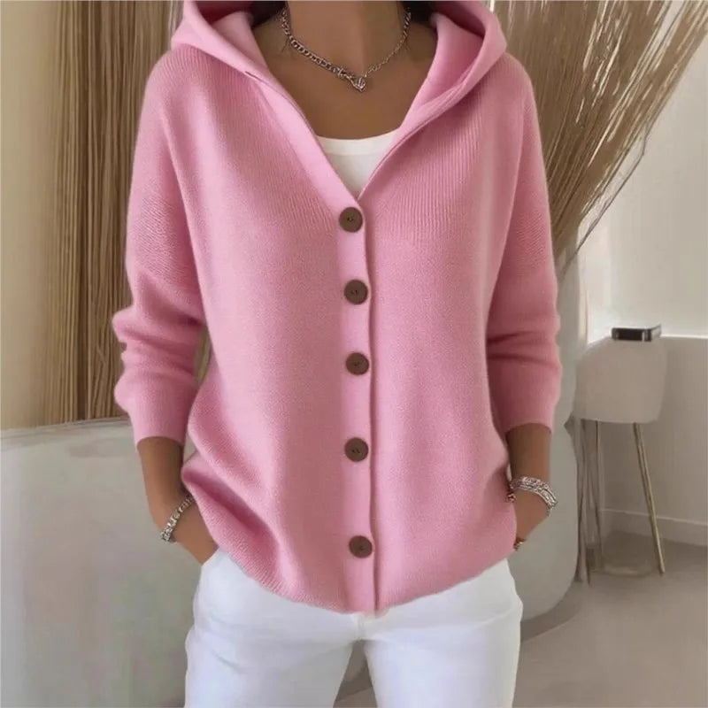 Cor sólida botão de malha com capuz camisola cardigan jaqueta para outono inverno nova moda casual roupas femininas puxa femmes