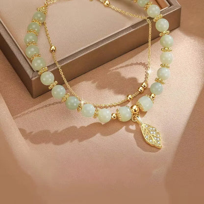 2026 estilo chinês pulseira de jade verde para mulheres requintado cor ouro folhas pulseira de pulso pulseira de corrente dupla presentes das meninas