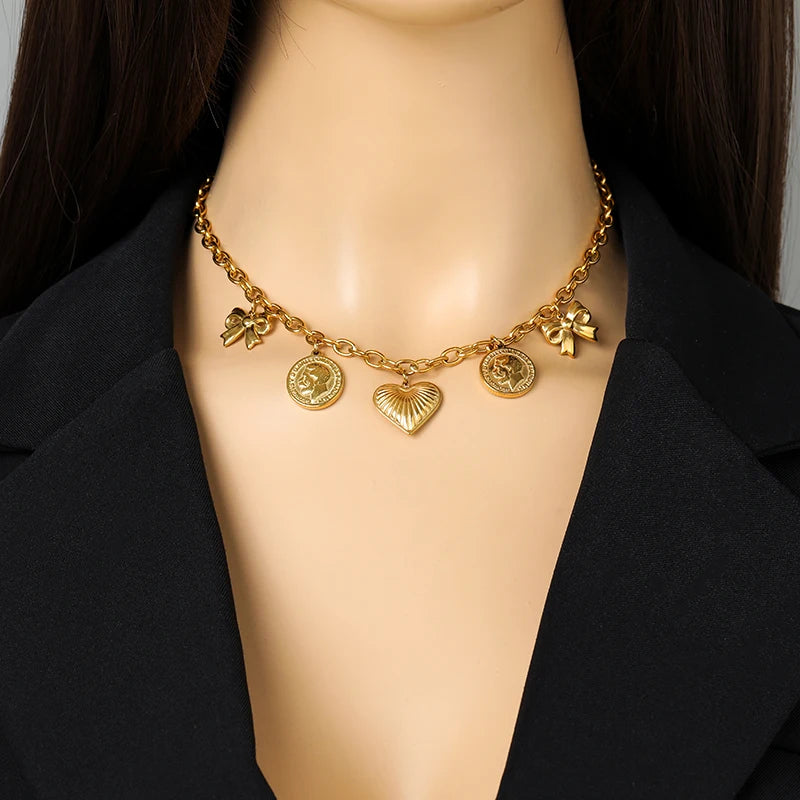 Eilieck 316l aço inoxidável coração amor pingente colar para mulheres moda 18k banhado a ouro pescoço corrente à prova dwaterproof água jóias presente