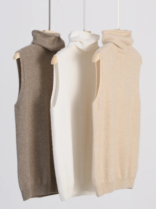 Feminino 100% lã merino sem mangas pullovers gola alta camisola colete lã malhas primavera outono inverno moda colete topos