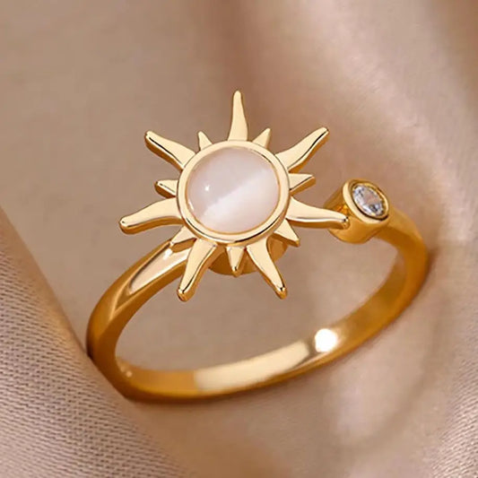 Anel giratório de opala de sol para mulheres, aço inoxidável, retrô, charme ajustável, anéis abertos, joias de festa, melhor amigo, presente, bijuterias femininas