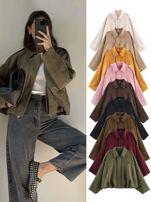 Tfmln jaqueta bomber de camurça feminina primavera nova moda manga longa zíper oversize sólido casaco bomber chique senhora 2025 streetwear