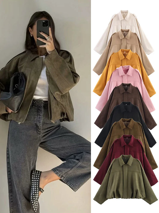 Tfmln jaqueta bomber de camurça feminina primavera nova moda manga longa zíper oversize sólido casaco bomber chique senhora 2025 streetwear