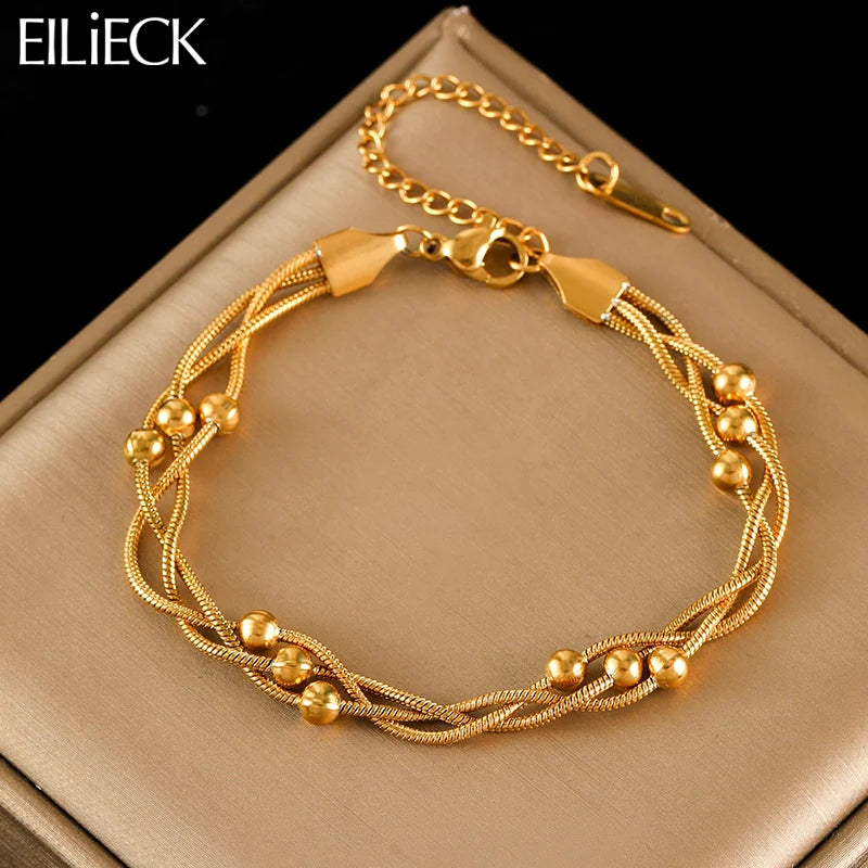 Eilieck 316l contas de aço inoxidável pulseira de corrente enrolada para mulheres charme metal 18 k banhado na moda dourado design exclusivo jóias