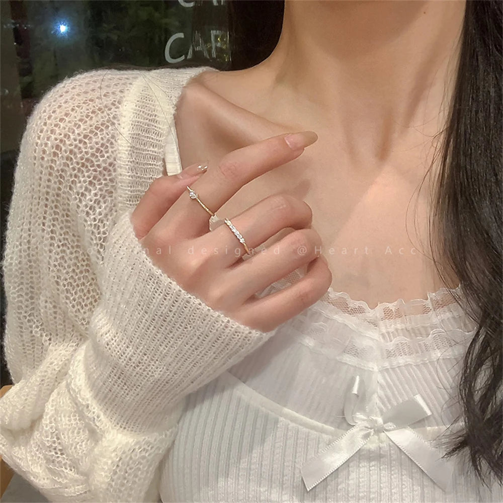 2 pçs estético elegante delicado cristal coração anéis para mulheres meninas cor de ouro empilhável delicado amor dedo anel conjunto jóias