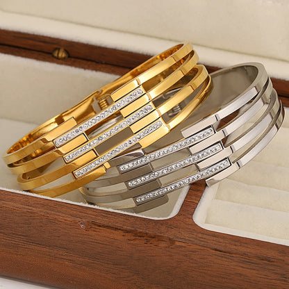 Greatera pulseiras de aço inoxidável com strass incrustados, pulseiras para mulheres, pulseira larga de metal banhado a ouro, joias à prova d'água