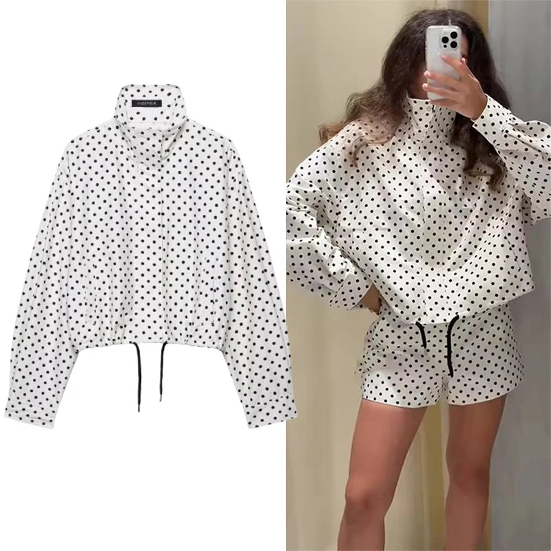 Polka dot print casacos curtos femininos high street manga longa jaquetas para mulher 2025 elegante escritório senhoras casual outerwear