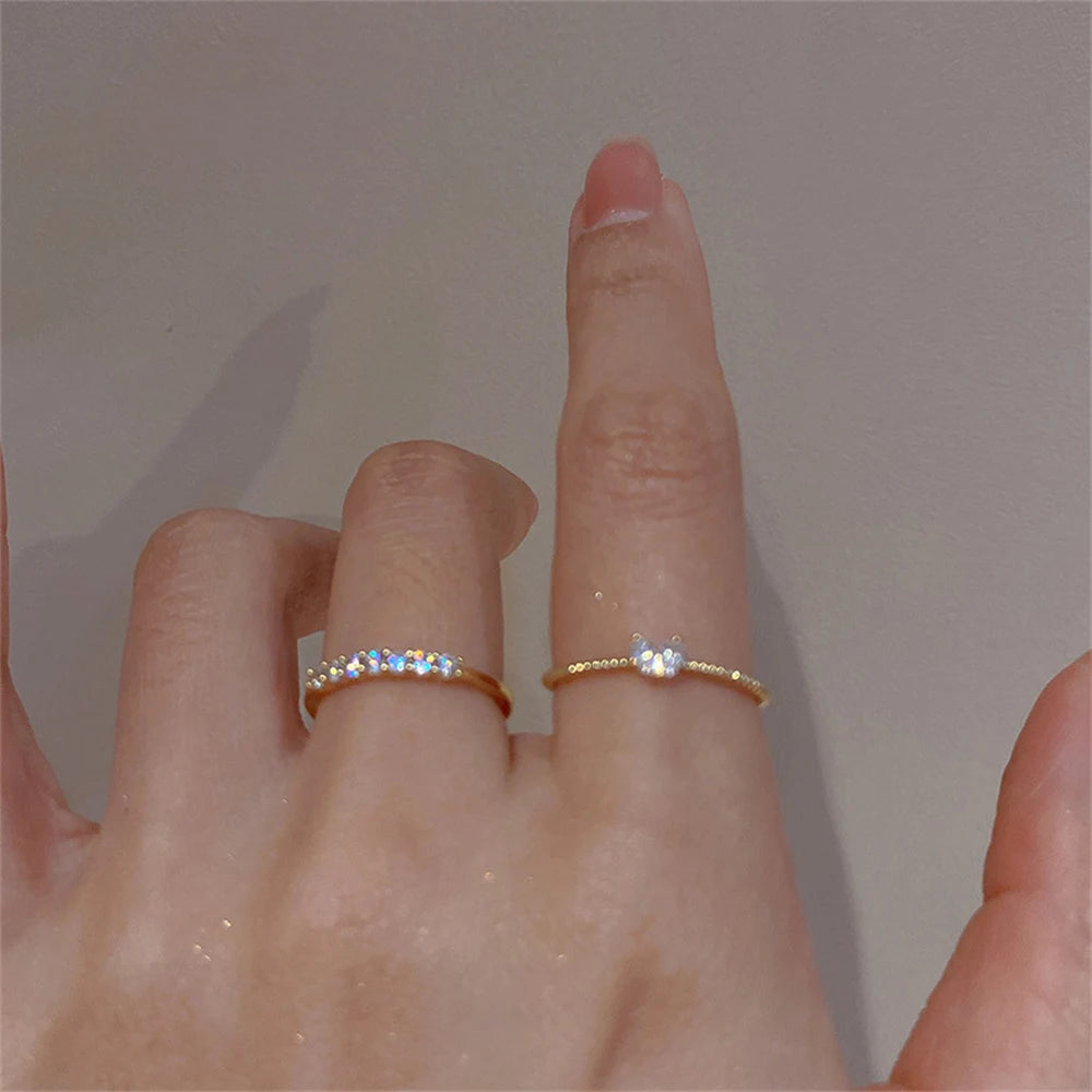 2 pçs estético elegante delicado cristal coração anéis para mulheres meninas cor de ouro empilhável delicado amor dedo anel conjunto jóias