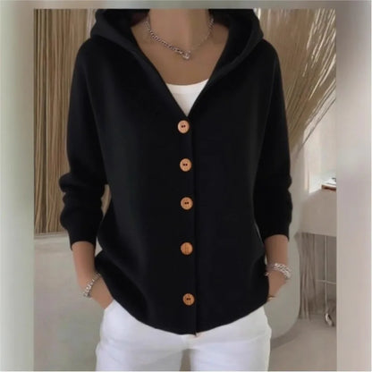 Cor sólida botão de malha com capuz camisola cardigan jaqueta para outono inverno nova moda casual roupas femininas puxa femmes