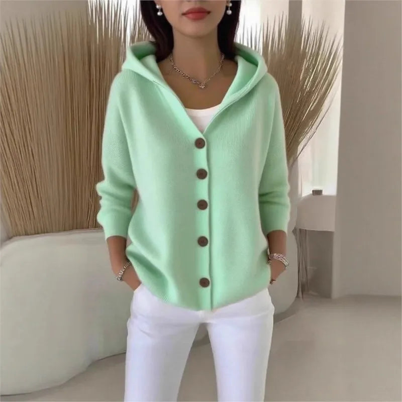 Cor sólida botão de malha com capuz camisola cardigan jaqueta para outono inverno nova moda casual roupas femininas puxa femmes
