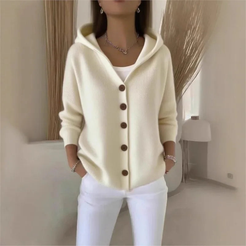 Cor sólida botão de malha com capuz camisola cardigan jaqueta para outono inverno nova moda casual roupas femininas puxa femmes